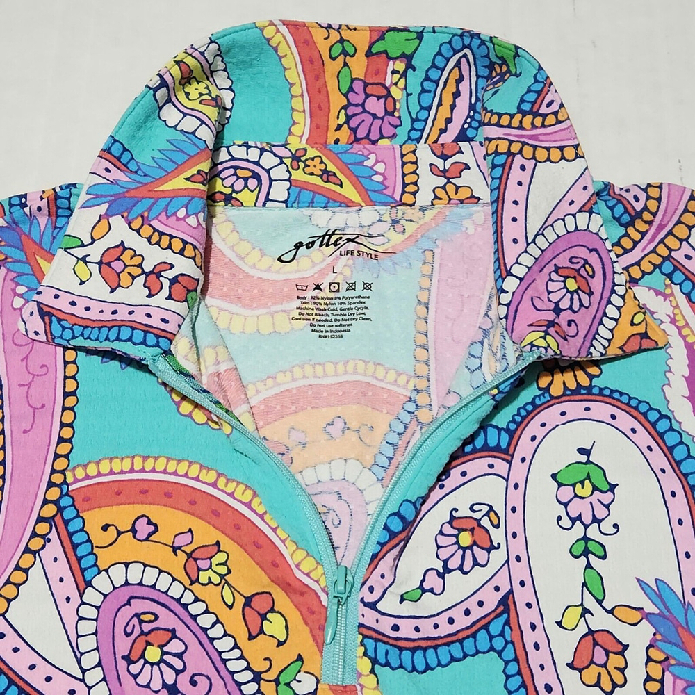 Gottex Lifestyle Top Blue Poolside UPF50+ Moc Neck with Zipper Paisley Large - Picture 4 of 12